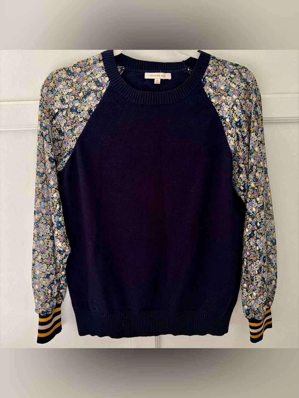 Skies Are Blue Navy Sweater with Floral Raglan Sleeves